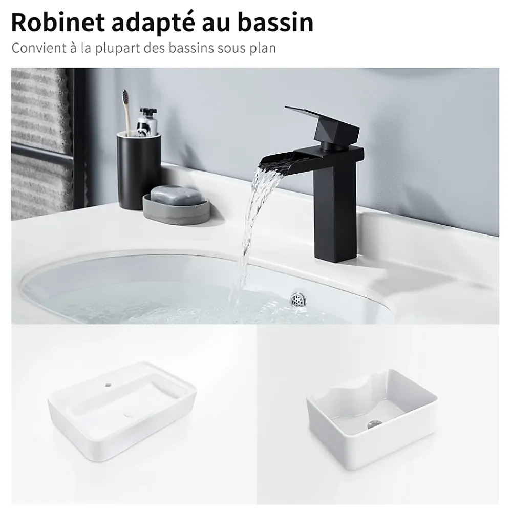 Robinet Lavabo Et Vasque|Homelody Robinet de Lavabo Cascade Noir Mitigeur de Lavabo Mono-trou Robinetterie Lave-mains Monocommande Robinet Salle de Bain