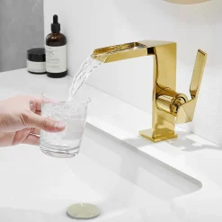 Robinet Lavabo Et Vasque|Saniverre Robinet mitigeur bec cascade CEZIO chrome Or brillant -