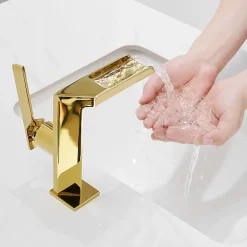 Robinet Lavabo Et Vasque|Saniverre Robinet mitigeur bec cascade CEZIO chrome Or brillant -