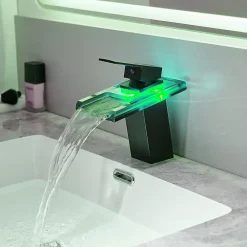 Saniverre Robinet mitigeur bec cascade à LED lumineuses SOLEO chrome noir -