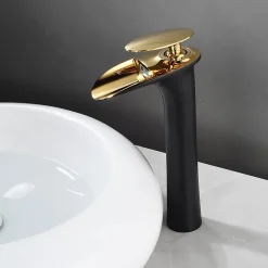 Robinet Lavabo Et Vasque|Saniverre Robinet mitigeur BRIA bec cascade haut chrome noir et or -