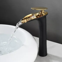 Robinet Lavabo Et Vasque|Saniverre Robinet mitigeur BRIA bec cascade haut chrome noir et or -