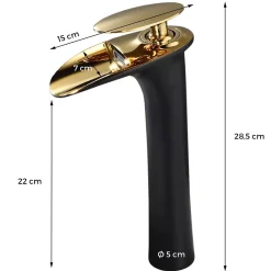 Robinet Lavabo Et Vasque|Saniverre Robinet mitigeur BRIA bec cascade haut chrome noir et or -