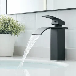 Robinet Lavabo Et Vasque|Saniverre Robinet mitigeur TIBRE bec cascade extra-plat noir chromé -