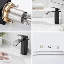 Robinet Lavabo Et Vasque|Saniverre Robinet mitigeur TIBRE bec cascade extra-plat noir chromé -