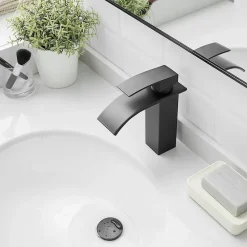 Robinet Lavabo Et Vasque|Saniverre Robinet mitigeur TIBRE bec cascade extra-plat noir chromé -