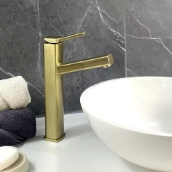 Robinet Lave-Mains|Kroos Robinet mitigeur vasque avec bec extractible Doré brossé - Graffias