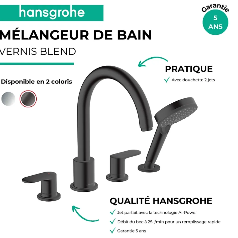Robinet De Baignoire|Hansgrohe Robinet mélangeur bain douche 4 trous Vernis Blend noir mat