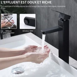 Homelody Robinet Salle de Bain Haut Mitigeur Salle Bain pour Vasque Robinet de Lavabo avec Poignée Carré Design Moderne Noir