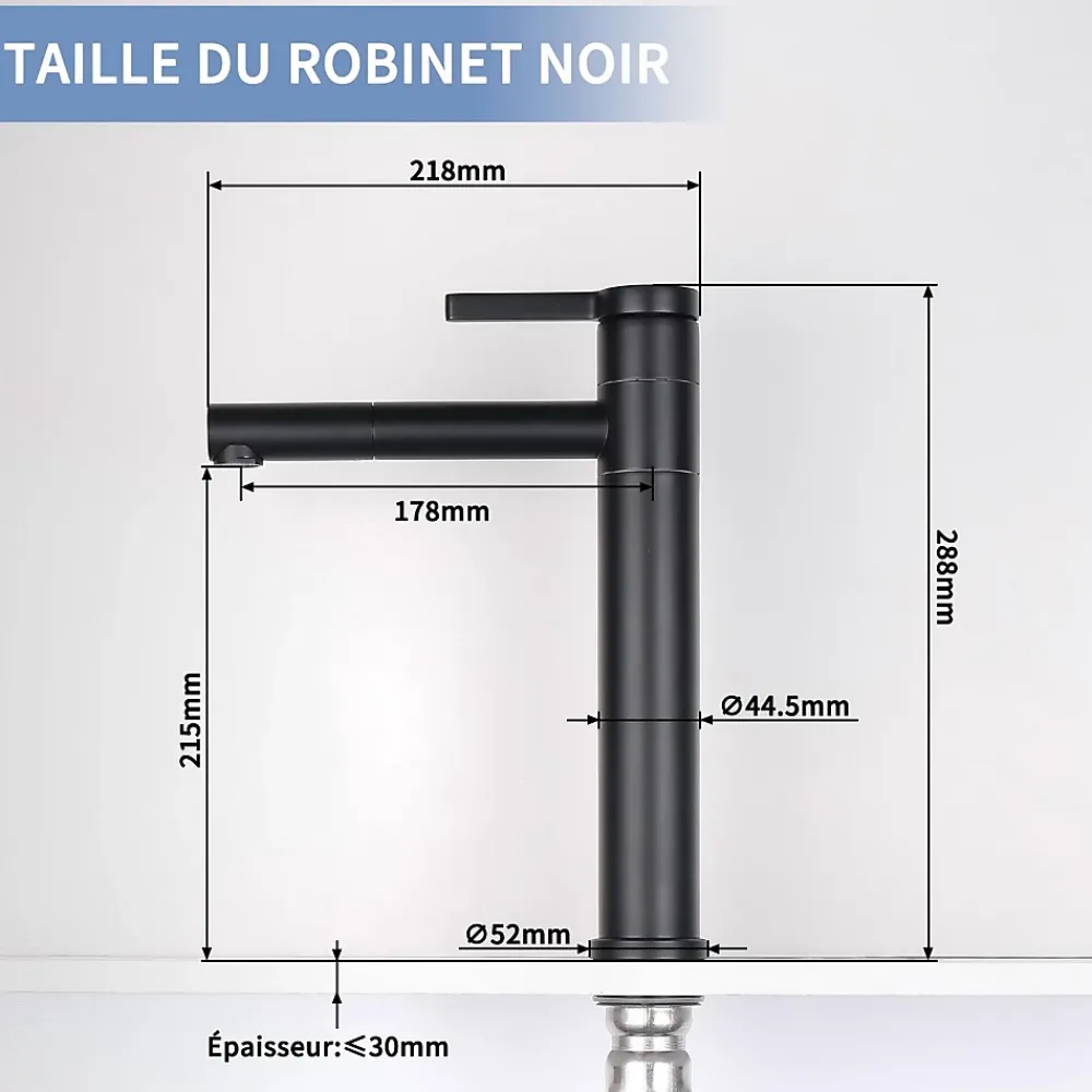 Homelody Robinet Salle de Bain Noir Mitigeur pour Vasque Haut Bec Pivotant Robinetterie de Lavabo en Acier Inox Design Moderne