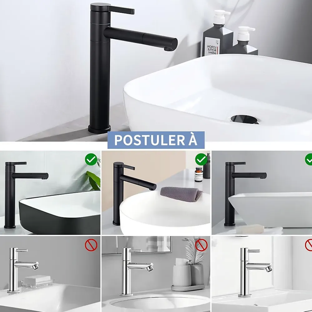 Homelody Robinet Salle de Bain Noir Mitigeur pour Vasque Haut Bec Pivotant Robinetterie de Lavabo en Acier Inox Design Moderne