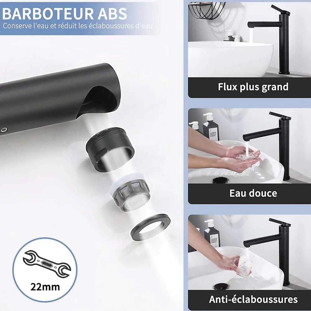 Homelody Robinet Salle de Bain Noir Mitigeur pour Vasque Haut Bec Pivotant Robinetterie de Lavabo en Acier Inox Design Moderne