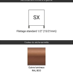 Matisere Sèche-serviette eau chaude cuivre lumineux de 860mm de haut et 500mm de large - 422 Watt - DEX860/500SXBCO