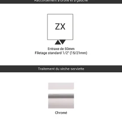 Sèche-Serviettes Eau Chaude|Matisere Sèche-serviette eau chaude chromé de 820mm de haut / 300mm de large - 171 Watt - LIM820/300ZXCRO
