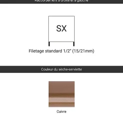 Sèche-Serviettes Eau Chaude|Matisere Sèche-serviette eau chaude cuivre de 1170mm de haut et 504mm de large - 210 Watt - RET1170/504SXCOP