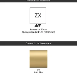 Matisere Sèche-serviette eau chaude doré de 760mm de haut et 600mm de large - 481 Watt - ALE760/600ZXBRA