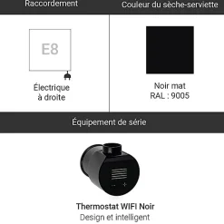 Matisere Sèche-serviette électrique noir thermostat wifi - HxL 1460x300mm - 800 Watt - LIM1460/300E8NW