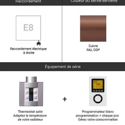Matisere Sèche-serviette électrique programmable cuivré - HxL 1620x500 mm - 1000 Watt - MIC1620/500E8COPP