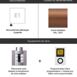 Sèche-Serviettes Électrique|Matisere Sèche-serviette électrique programmable cuivré - HxL 750x400mm - 200 Watt - VIP750/400E1BCOP