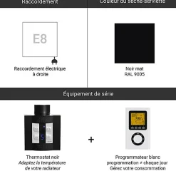 Matisere Sèche-serviette électrique programmable noir - HxL 1600x390mm - 800 Watt - CAN1600/390E8NP
