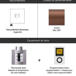 Matisere Sèche-serviette électrique programmable cuivré - HxL : 753x600 - 400 Watt - JAD753/600E1COPP