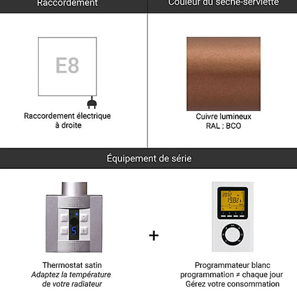 Sèche-Serviettes Électrique|Matisere Sèche-serviette électrique programmable cuivré - HxL 1110x600mm - 800 Watt - WAR1110/600SE8BCOP