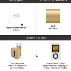 Sèche-Serviettes Électrique|Matisere Sèche-serviette électrique programmable doré - HxL 1390x400 mm - 400 Watt - VIV1390/400E8BRAP