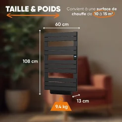 Bestherm Sèche-serviette électrique sans fluide avec soufflerie 500 + 1000 W H.108,4xL60cm HANAE noir