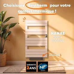 Sèche-Serviettes Soufflant|Bestherm Sèche-serviette électrique sans fluide avec soufflerie 500W+1000W H.108,4xL60cm HANAE blanc