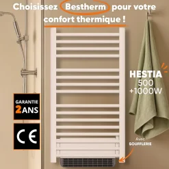 Sèche-Serviettes Soufflant|Bestherm Sèche-serviette électrique sans fluide avec soufflerie 500W+1000W H.100,5xL54cm HESTIA blanc