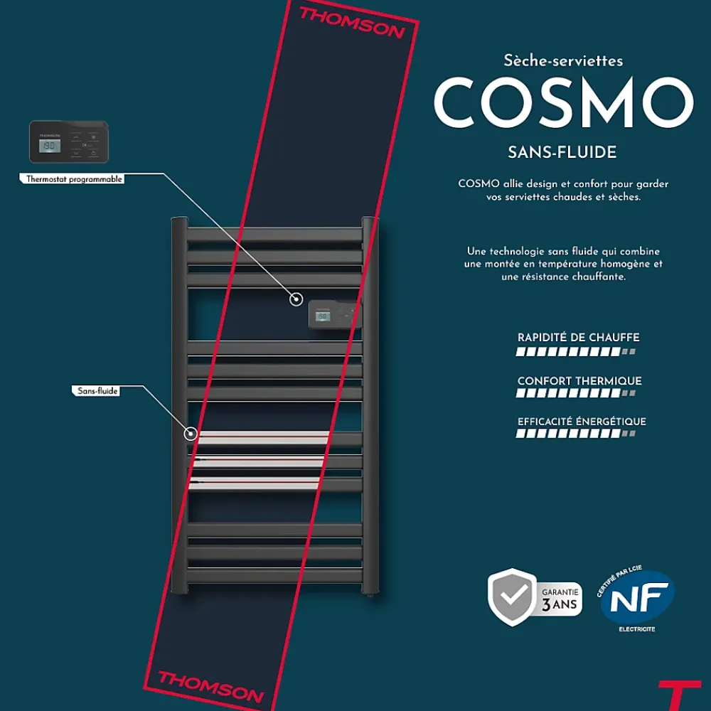 Sèche-Serviettes Mixte|Thomson Sèche-serviette électrique sans fluide connecté WiFi 500W COSMO noir