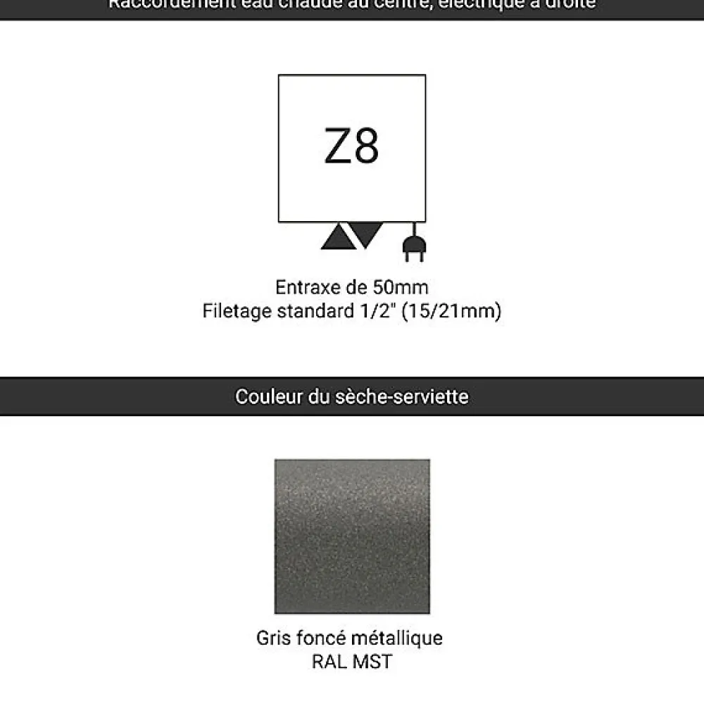 Sèche-Serviettes Mixte|Matisere Sèche-serviette mixte gris de 1260mm de haut et 500mm de large - 503 Watt - BON1260/500Z8MST