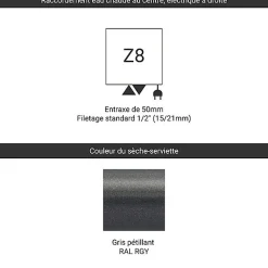 Matisere Sèche-serviette mixte gris de 1620mm de haut 630mm de large - 834 Watt - FIO1620/630Z8RGY