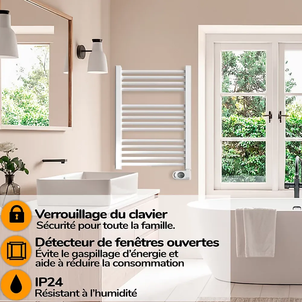 Sèche-Serviettes Mixte|HJM Sèche-serviettes électrique à inertie sèche , 750 W, Noor, Blanc