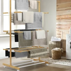 IDMarket Séchoir à linge pliable 3 niveaux RITA capacité 22M en bambou