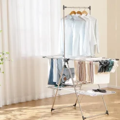 Giantex Séchoir à Linge Pliable, Barre de Suspension, Ailes Réglables, Pinces à Chaussettes, Tissu en Maille ,Crochets à Chaussures