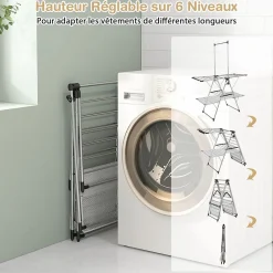 Giantex Séchoir à Linge Pliable, Barre de Suspension, Ailes Réglables, Pinces à Chaussettes, Tissu en Maille ,Crochets à Chaussures