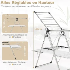 Giantex Séchoir à Linge Pliable, Barre de Suspension, Ailes Réglables, Pinces à Chaussettes, Tissu en Maille ,Crochets à Chaussures