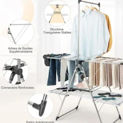 Giantex Séchoir à Linge Pliable, Barre de Suspension, Ailes Réglables, Pinces à Chaussettes, Tissu en Maille ,Crochets à Chaussures