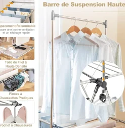 Giantex Séchoir à Linge Pliable, Barre de Suspension, Ailes Réglables, Pinces à Chaussettes, Tissu en Maille ,Crochets à Chaussures