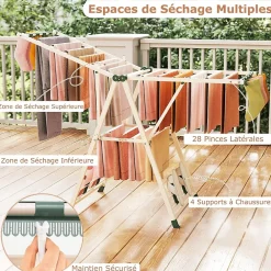 Etendoir À Linge|Giantex Séchoir à Linge Pliante, avec Ailes Latérales Hauteur, 18 Barres, Chaussures, Vêtements (1,6 M,Beige)
