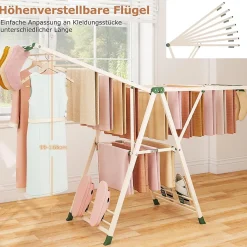 Giantex Séchoir à Linge Pliante, avec Ailes Latérales Hauteur Réglable, 20 Barres et 4 Crochets Chaussures, Vêtements (1,8 M,Beige)