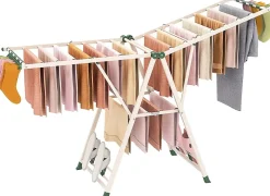 Giantex Séchoir à Linge Pliante, avec Ailes Latérales Hauteur Réglable, 20 Barres et 4 Crochets Chaussures, Vêtements (1,8 M,Beige)