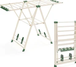 Etendoir À Linge|Giantex Séchoir à Linge Pliante, avec Ailes Latérales Hauteur, 16 Barres, 28 Pinces Latérales et 4 Crochets, Vêtements (1,4 M,Beige)