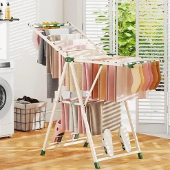 Etendoir À Linge|Giantex Séchoir à Linge Pliante, avec Ailes Latérales Hauteur, 16 Barres, 28 Pinces Latérales et 4 Crochets, Vêtements (1,4 M,Beige)