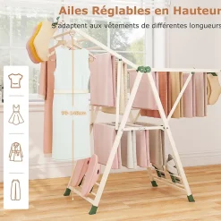 Etendoir À Linge|Giantex Séchoir à Linge Pliante, avec Ailes Latérales Hauteur, 16 Barres, 28 Pinces Latérales et 4 Crochets, Vêtements (1,4 M,Beige)