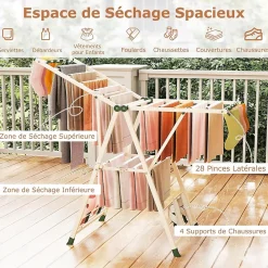 Etendoir À Linge|Giantex Séchoir à Linge Pliante, avec Ailes Latérales Hauteur, 16 Barres, 28 Pinces Latérales et 4 Crochets, Vêtements (1,4 M,Beige)