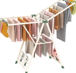 Etendoir À Linge|Giantex Séchoir à Linge Pliante, avec Ailes Latérales Hauteur, 16 Barres, 28 Pinces Latérales et 4 Crochets, Vêtements (1,4 M,Beige)