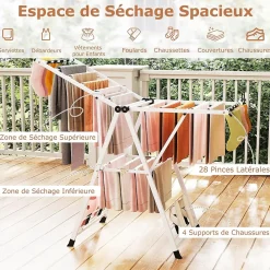 Etendoir À Linge|Giantex Séchoir à Linge Pliante, avec Ailes Latérales Hauteur, 16 Barres, 28 Pinces Latérales et 4 Crochets, Vêtements (1,4 M,Blanc)