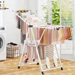 Etendoir À Linge|Giantex Séchoir à Linge Pliante, avec Ailes Latérales Hauteur, 16 Barres, 28 Pinces Latérales et 4 Crochets, Vêtements (1,4 M,Blanc)